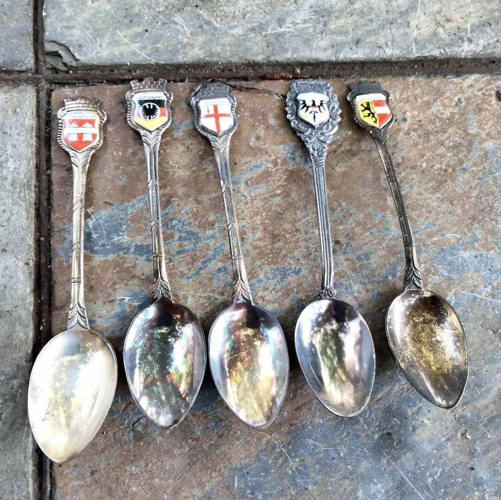 Set of 5 800 Sterling Silver Souvenir Spoons with Enamel Shields